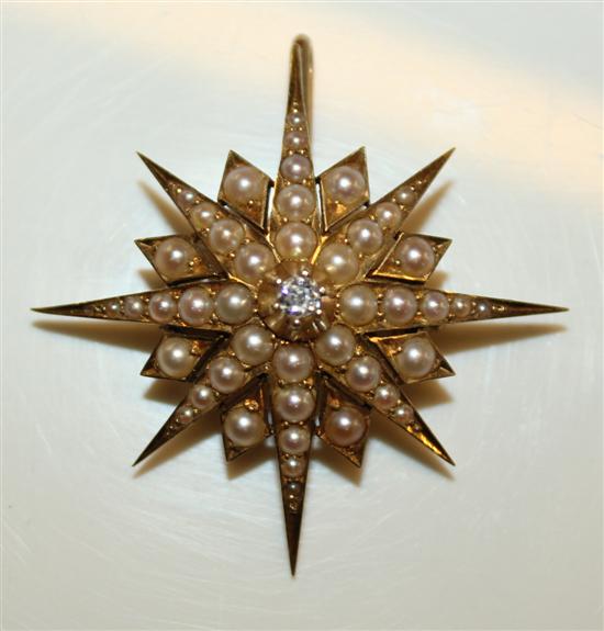 Gold diamond and split pearl starburst brooch